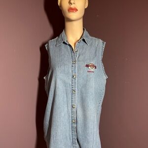 Vintage‎ Hard Rock Cafe Chicago Light Blue Denim Sleeveless Shirt, Size XL (251)